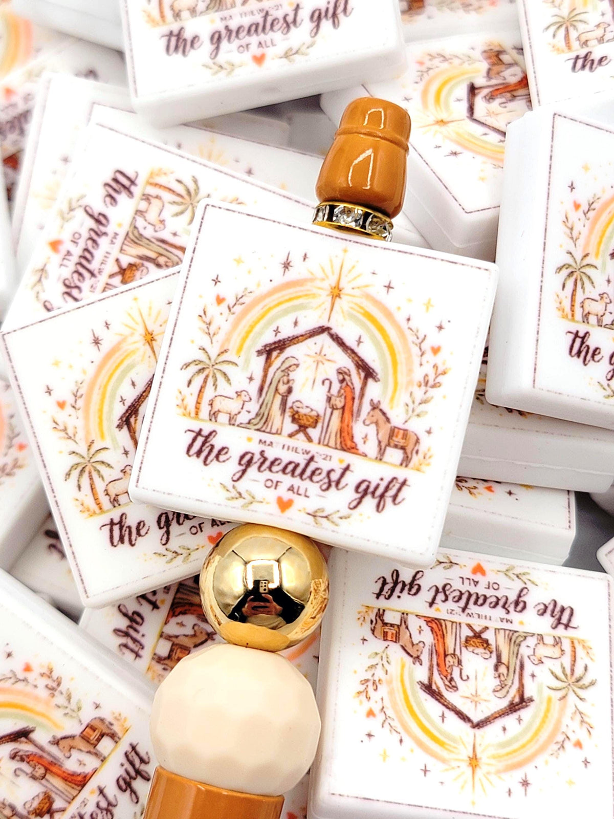 Nativity Focal Silicone Bead, The Greatest Gift Bible Verse Pen Bead, Christmas Religious Focal Bead, Christian Craft Bead - (Set of 2)