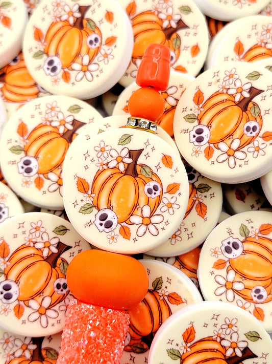 Spooky Pumpkin Focal Bead, Halloween Silicone Pen Bead, Printed Pumpkin Skull Bead, Thanksgiving Fall Wristlet Keychain Craft Bead - (Set of 2)