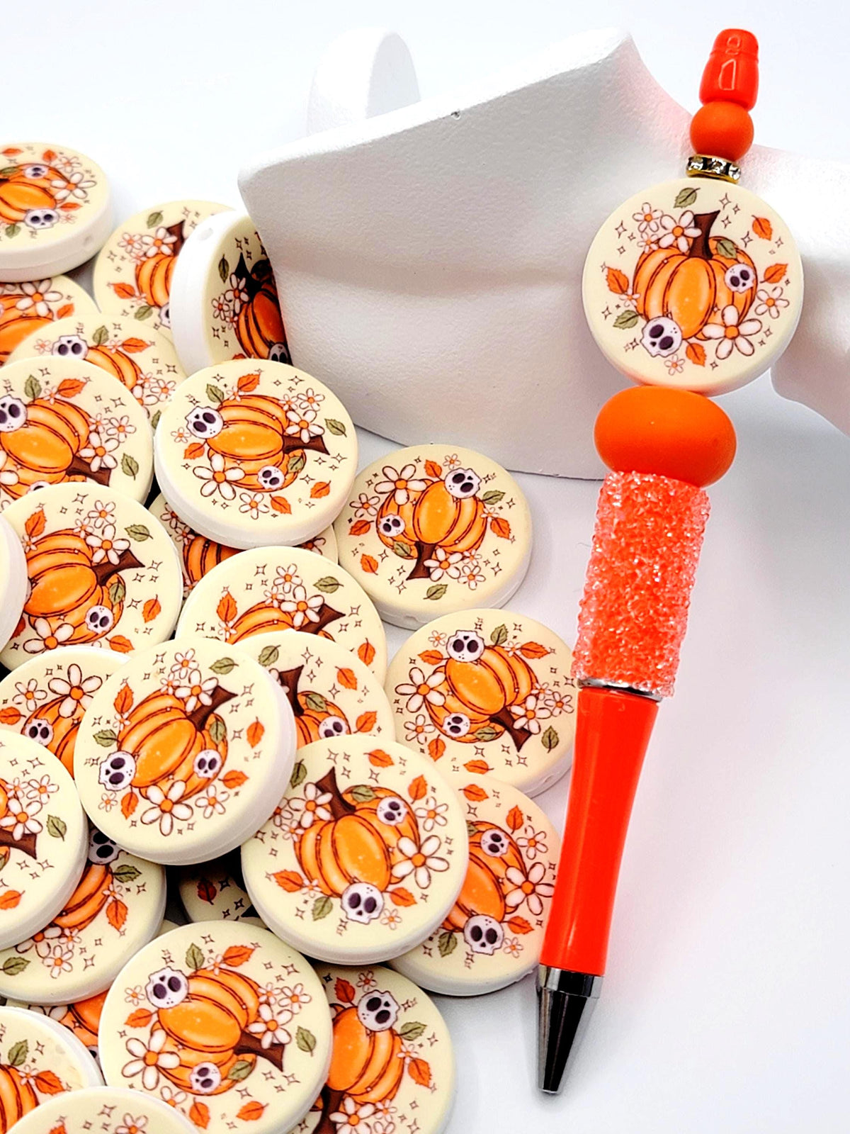 Spooky Pumpkin Focal Bead, Halloween Silicone Pen Bead, Printed Pumpkin Skull Bead, Thanksgiving Fall Wristlet Keychain Craft Bead - (Set of 2)