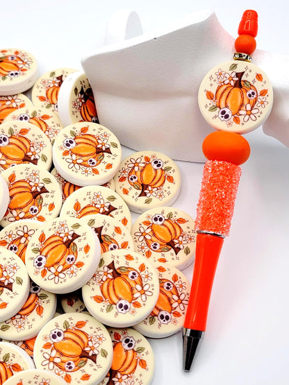 Spooky Pumpkin Focal Bead, Halloween Silicone Pen Bead, Printed Pumpkin Skull Bead, Thanksgiving Fall Wristlet Keychain Craft Bead - (Set of 2)