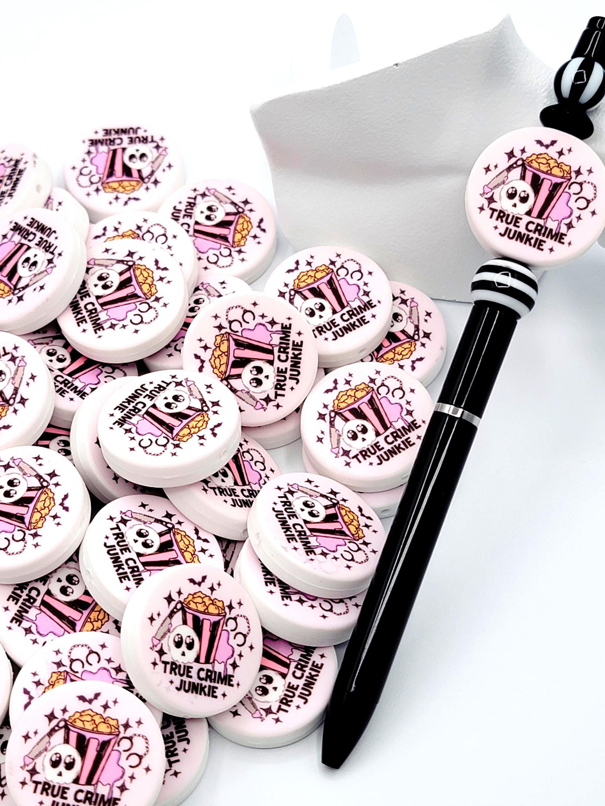 True Crime Junkie Skull Focal Bead, Crime Show Silicone Pen Bead, Spooky Halloween Popcorn Skull Bead, Wristlet Keychain Bead - (Set of 2)