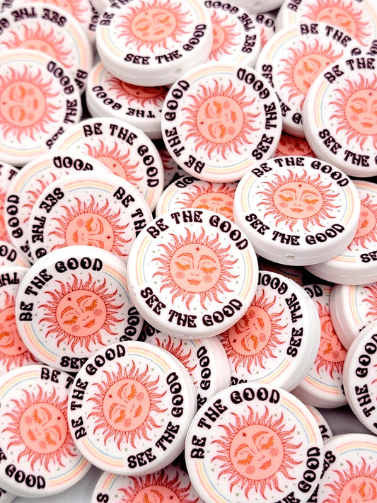 Be the Good See the Good Retro Sun Inspirational Focal Bead, Positive DIY Pen Bead (Set of 2)