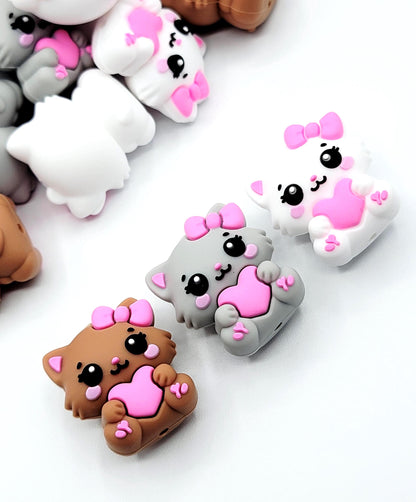 Brown, White or Gray Cat With Pink Heart Animal Focal Bead , Silicone Bead for Pen Making, DIY Crafts, Valentine’s Day Beads (Set of 2)