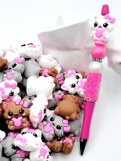 Brown, White or Gray Cat With Pink Heart Animal Focal Bead , Silicone Bead for Pen Making, DIY Crafts, Valentine’s Day Beads (Set of 2)