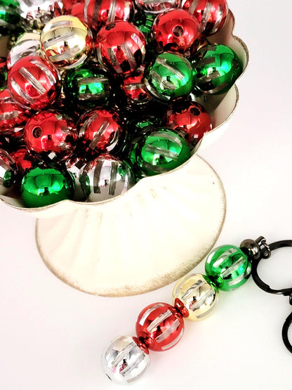 20mm Christmas Clear Acrylic Beads With Metallic Stripes (Set of 10) - Random Mix Holiday Beads for DIY Crafts, Red Green Silver Gold Beads