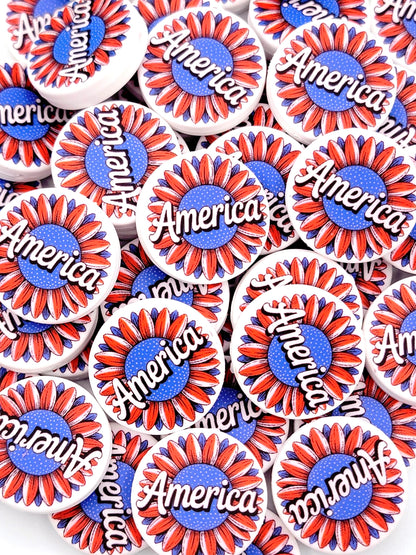 Patriotic Sunflower Focal Bead, USA Silicone Pen Bead, Fourth of July Patriotic Bead, American Wristlet and Keychain Craft Bead - (Set of 2)