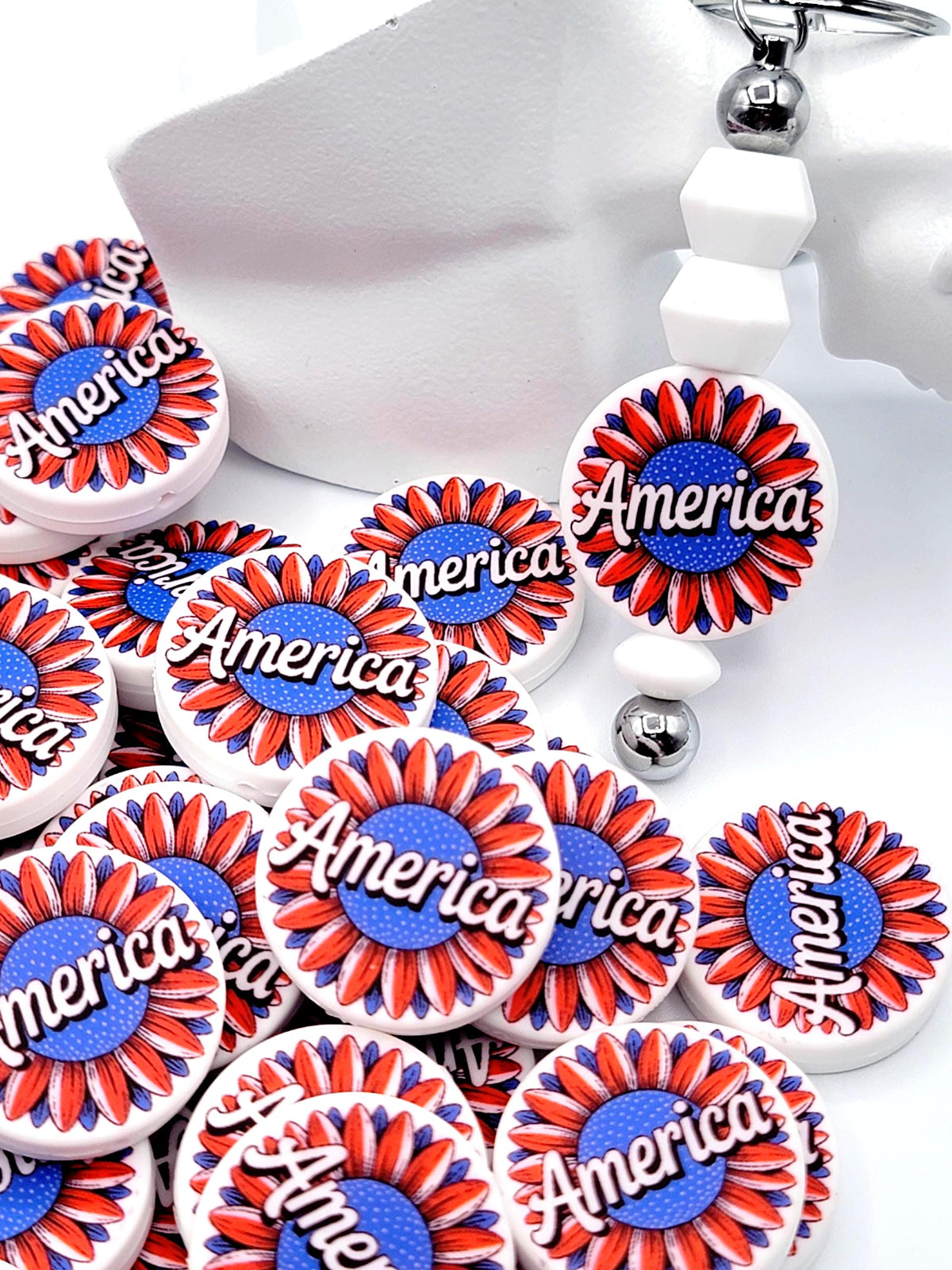 Patriotic Sunflower Focal Bead, USA Silicone Pen Bead, Fourth of July Patriotic Bead, American Wristlet and Keychain Craft Bead - (Set of 2)