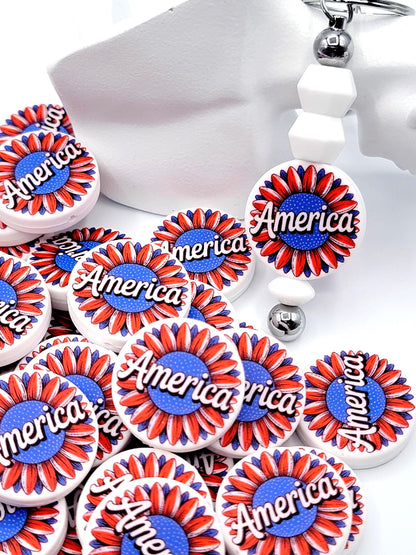 Patriotic Sunflower Focal Bead, USA Silicone Pen Bead, Fourth of July Patriotic Bead, American Wristlet and Keychain Craft Bead - (Set of 2)