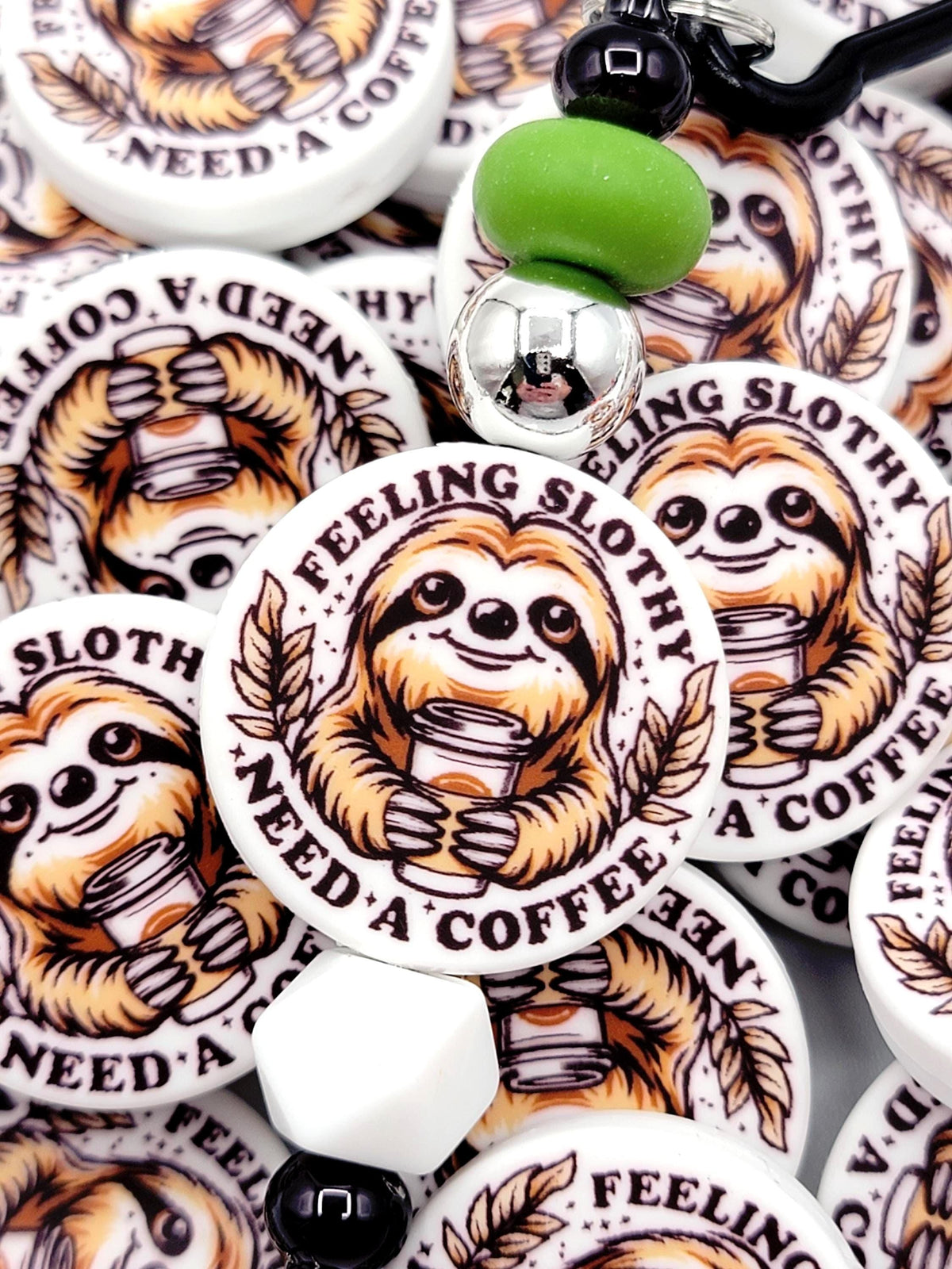 Lazy Sloth Needs Coffee Focal Bead, Sloth Lover Gift, Funny Coffee Pen Bead, Snarky Silicone Bead, Keychain Wristlet Craft Bead - (Set of 2)