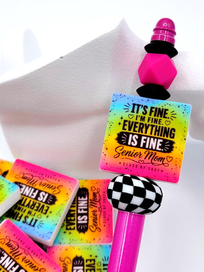 Senior Mom 2027 Focal Bead, It's Fine I'm Fine Rainbow Graduation Bead, Class of 2027 Pen Bead, Senior Mom Graduation Gift - (Set of 2)