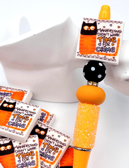 Time For Crime Black Cat Focal Bead, Funny Cat Lover Pen Bead, Cat Lady Silicone Bead, True Crime Cat Bead, Keychain Bag Charm - (Set of 2)