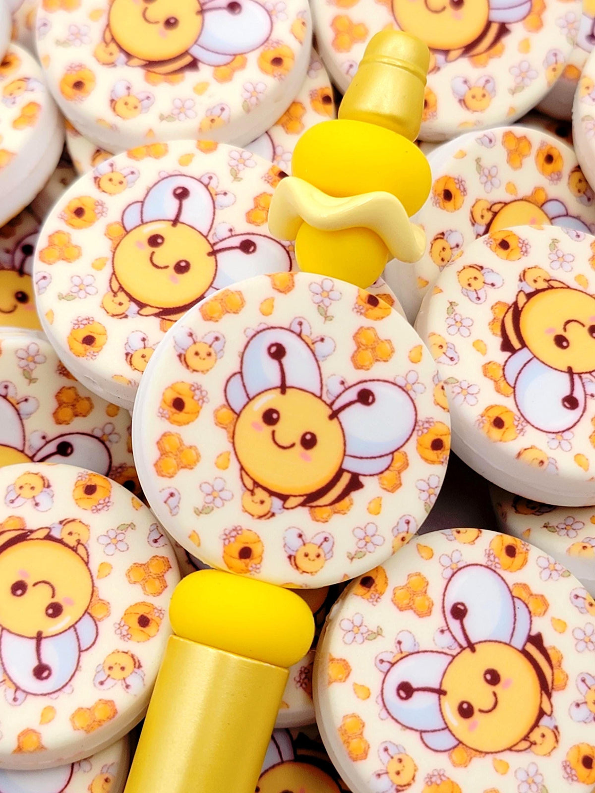 Bumble Bee Beehive Focal Bead, Bee Silicone Pen Bead, Honey Bee Animal Bead, Bee Wristlet Bead, Chunky Keychain Craft Bead - (Set of 2)