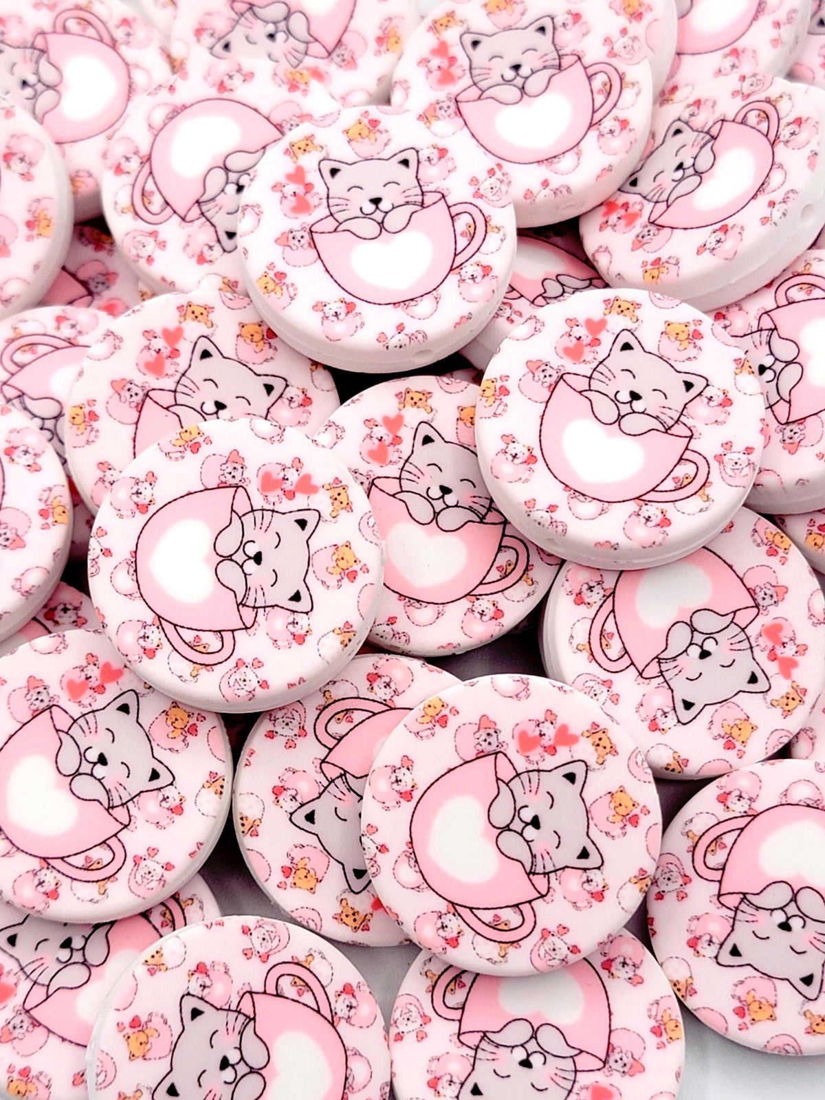Cat In A Pink Cup Silicone Focal Bead, Sleepy Cat Pen Bead, Cute Cat Lover Gift, Beadable Pen Focal, DIY Keychain Craft Bead - (Set of 2)