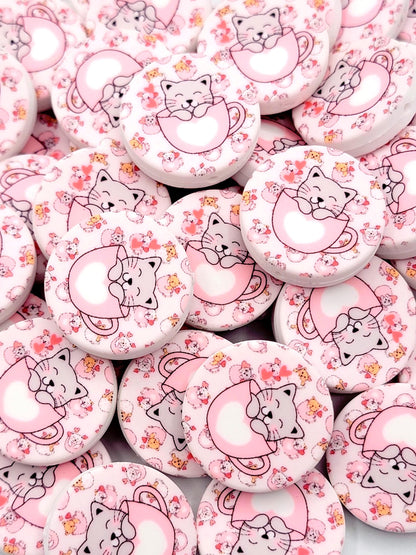 Cat In A Pink Cup Silicone Focal Bead, Sleepy Cat Pen Bead, Cute Cat Lover Gift, Beadable Pen Focal, DIY Keychain Craft Bead - (Set of 2)