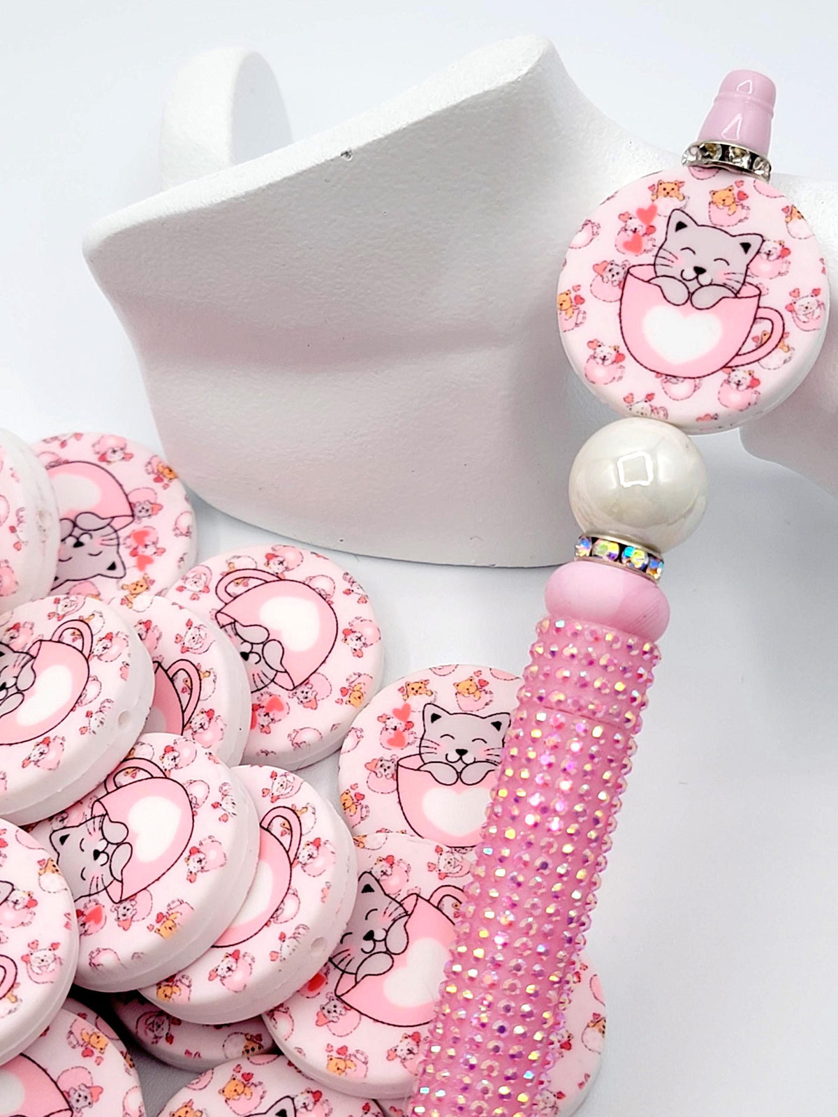 Cat In A Pink Cup Silicone Focal Bead, Sleepy Cat Pen Bead, Cute Cat Lover Gift, Beadable Pen Focal, DIY Keychain Craft Bead - (Set of 2)