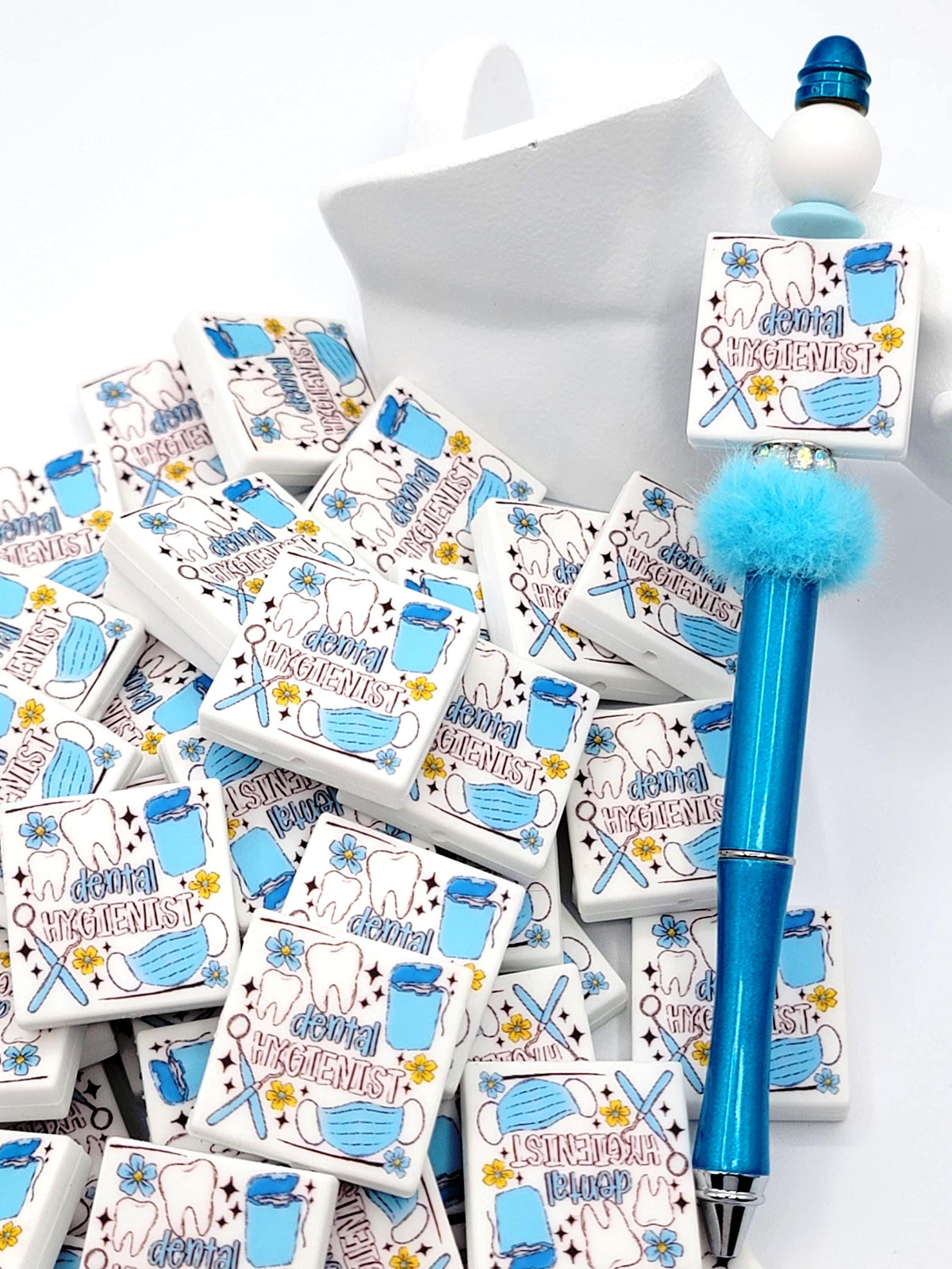 Dental Hygienist Focal Bead, Blue Dental Pen Bead, Dental Hygienist Keychain Bead, Dental Squad Gift, Dentist Office Craft Bead - (Set of 2)