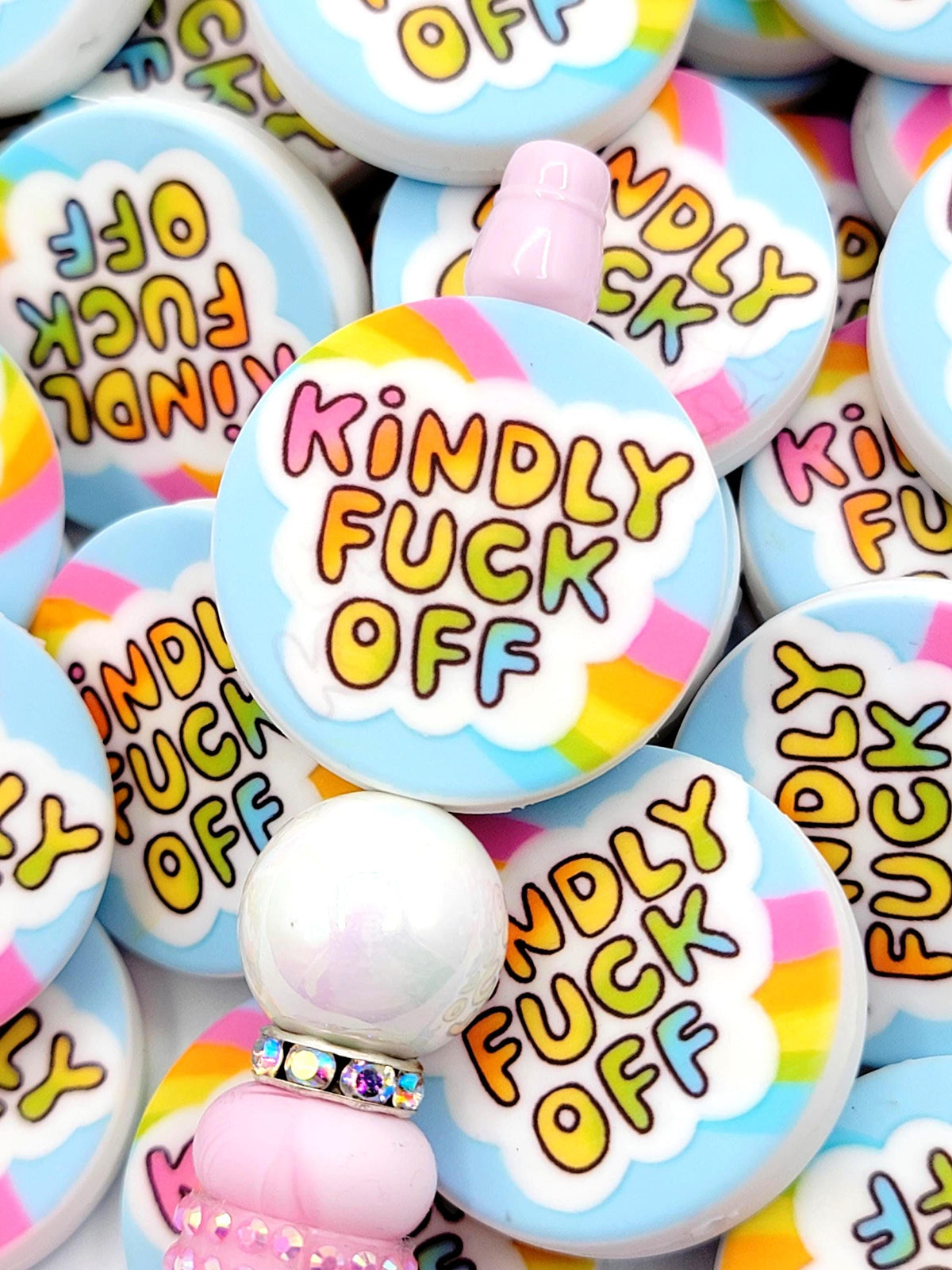 Kindly Fuck Off Rainbow Sky Focal Pen Bead, Adult Humor Silicone Bead,Sarcastic Introvert Pen Bead, Antisocial Keychain Craft Bead - (Set of 2)