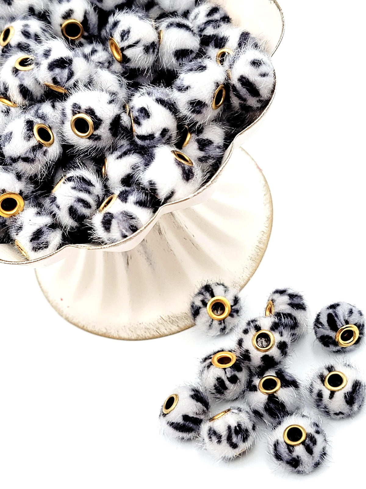 Gray Leopard Print Plush Beads, Fuzzy Large Hole Spacer Beads, Faux Fur Pom Pom Beads for Pens, Wristlets and Keychains - (Set of 5)