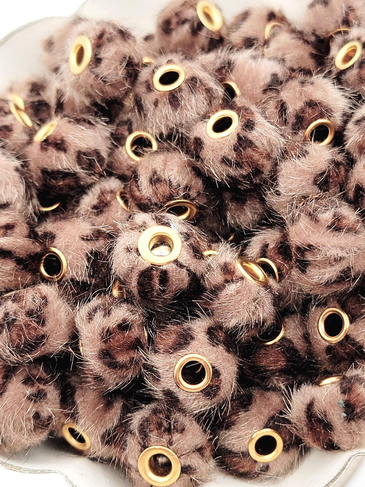 Dark Brown Leopard Print Plush Beads, Fuzzy Large Hole Spacer Beads, Faux Fur Pom Pom Beads for Pens, Wristlets and Keychains - (Set of 5)