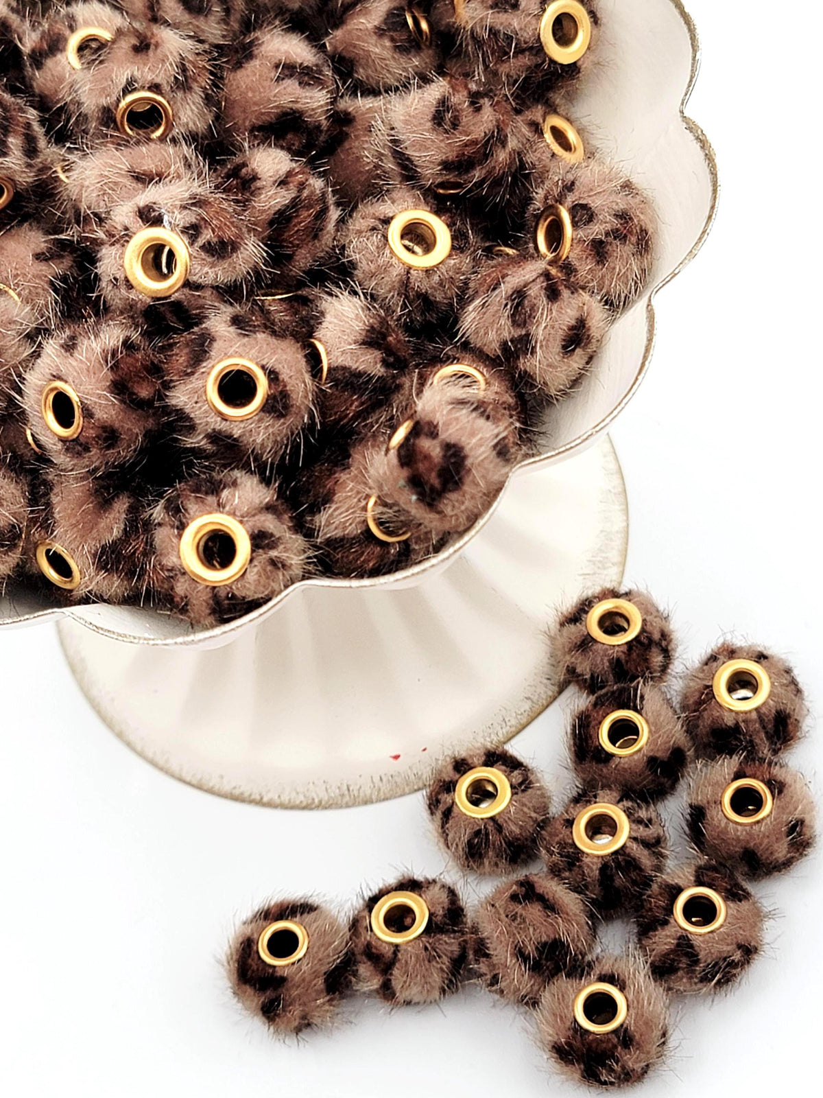 Dark Brown Leopard Print Plush Beads, Fuzzy Large Hole Spacer Beads, Faux Fur Pom Pom Beads for Pens, Wristlets and Keychains - (Set of 5)