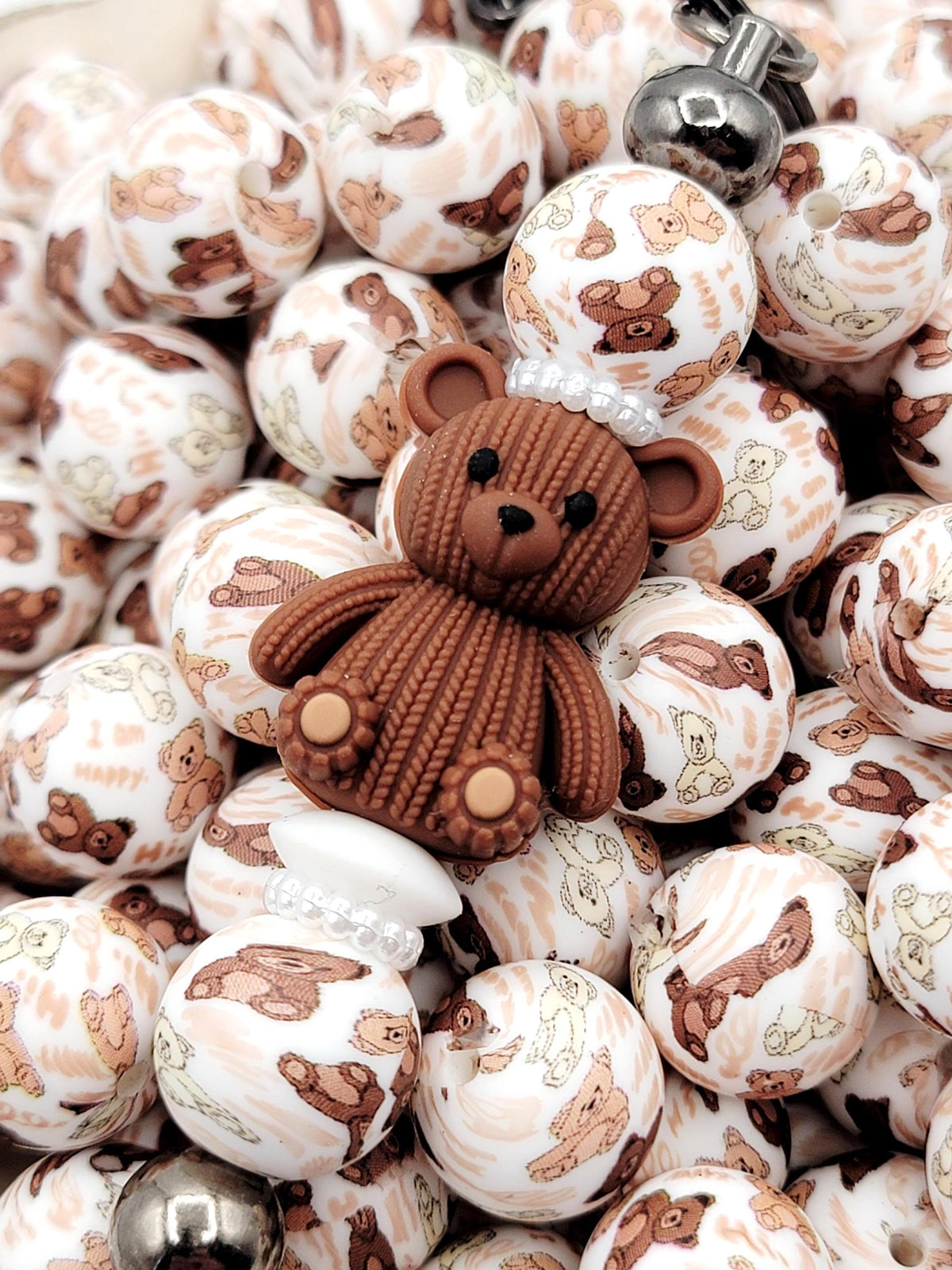 15mm Teddy Bear Print Silicone Round Beads, 15mm Print Round Beads, Baby Shower Bear Beads for Pens, Wristlets, Keychain Crafts