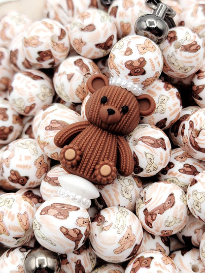 15mm Teddy Bear Print Silicone Round Beads, 15mm Print Round Beads, Baby Shower Bear Beads for Pens, Wristlets, Keychain Crafts