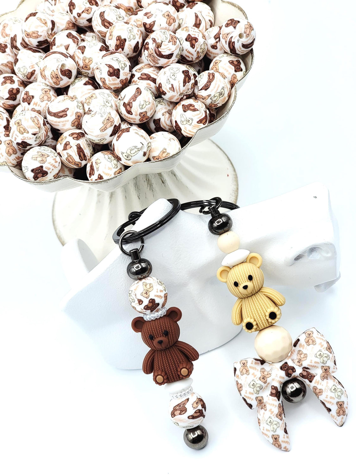 15mm Teddy Bear Print Silicone Round Beads, 15mm Print Round Beads, Baby Shower Bear Beads for Pens, Wristlets, Keychain Crafts