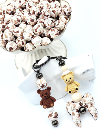 15mm Teddy Bear Print Silicone Round Beads, 15mm Print Round Beads, Baby Shower Bear Beads for Pens, Wristlets, Keychain Crafts