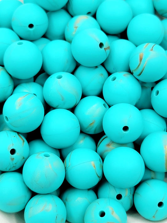 15mm Turquoise Gold Marble Swirl Silicone Round Beads, 15mm Round Spacer Beads for Pens, Wristlets, Keychains and Jewelry