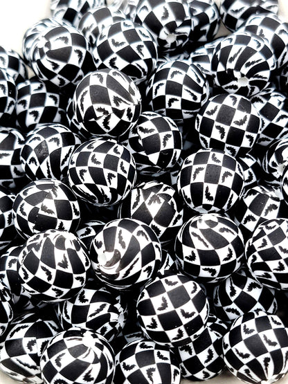 15mm Halloween Checkered Bat Silicone Bead, Black White Spooky Bat Bead for Pens, Wristlets, Keychains and Halloween Crafts