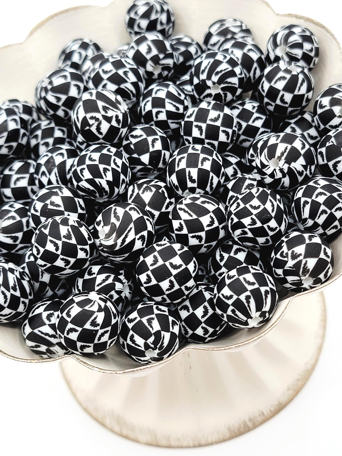 15mm Halloween Checkered Bat Silicone Bead, Black White Spooky Bat Bead for Pens, Wristlets, Keychains and Halloween Crafts