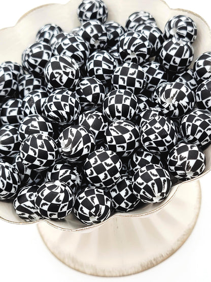 15mm Halloween Checkered Bat Silicone Bead, Black White Spooky Bat Bead for Pens, Wristlets, Keychains and Halloween Crafts