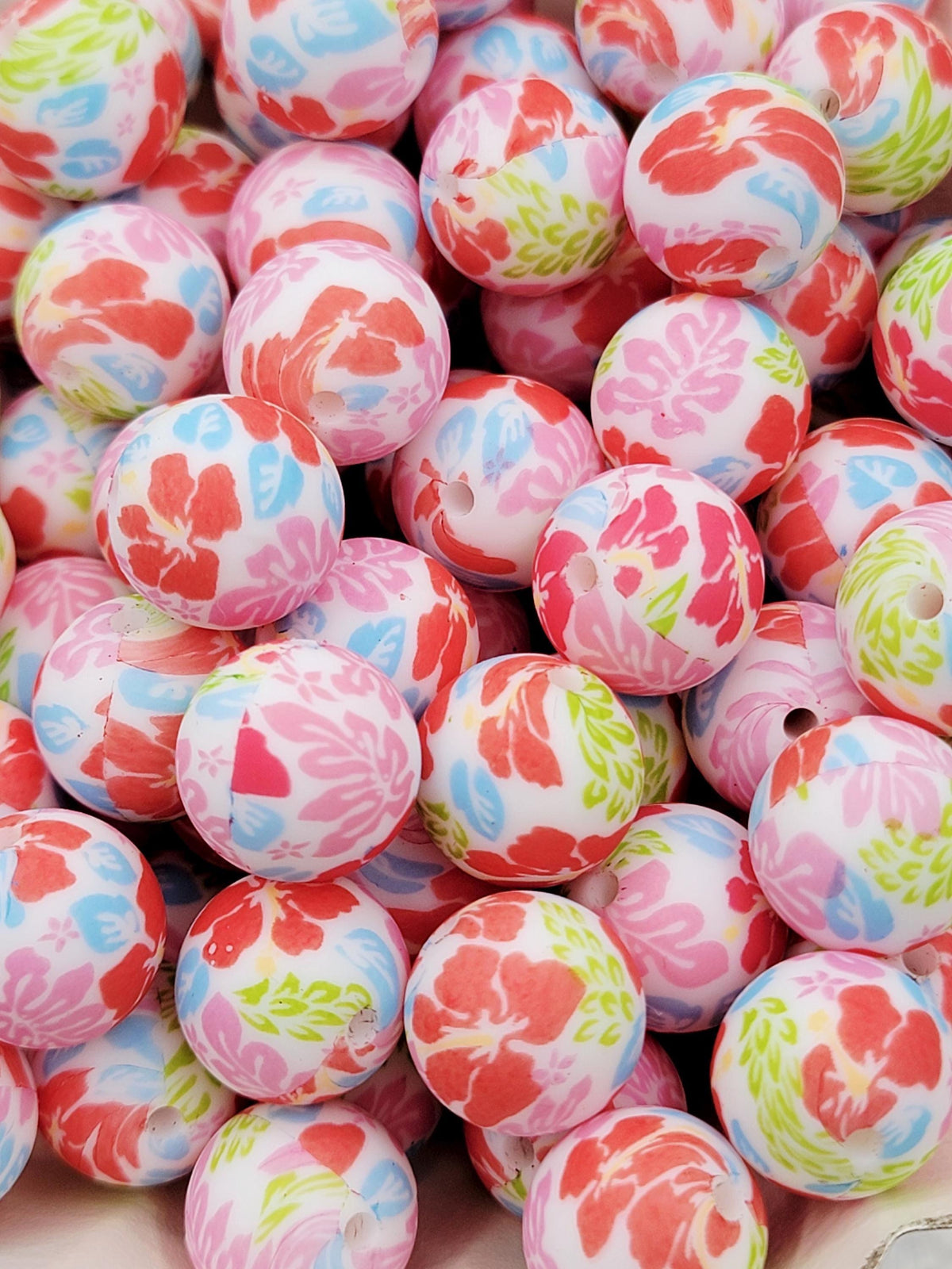 15mm Hibiscus Flower Print Silicone Round Beads, 15mm Round Floral Beads for Pens, Wristlets, Keychains, Jewelry and Crafts