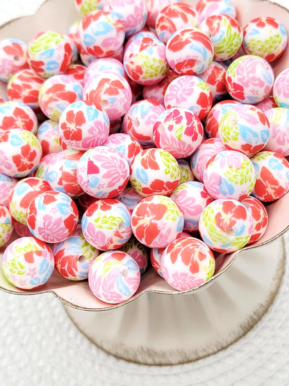 15mm Hibiscus Flower Print Silicone Round Beads, 15mm Round Floral Beads for Pens, Wristlets, Keychains, Jewelry and Crafts