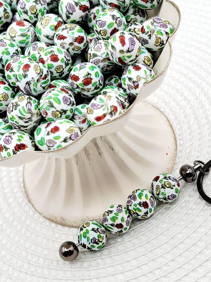 15mm Roses Flower Print Silicone Round Beads, 15mm Round Floral Beads for Pens, Wristlets, Keychains, Jewelry and Crafts