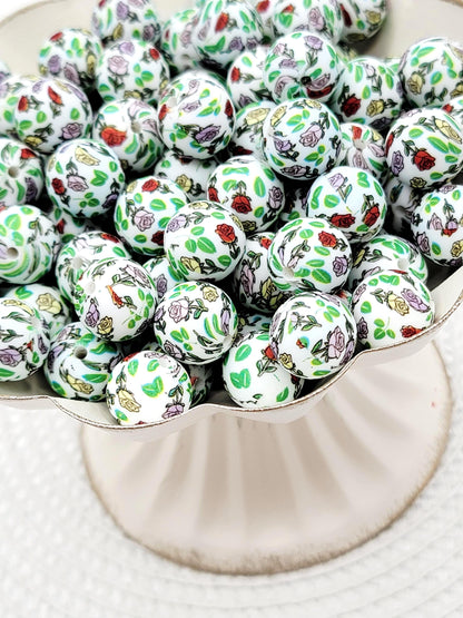 15mm Roses Flower Print Silicone Round Beads, 15mm Round Floral Beads for Pens, Wristlets, Keychains, Jewelry and Crafts
