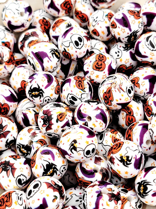 15mm Halloween Pumpkin Skull Silicone Bead, Spooky Round Pen Bead, Halloween Theme Bead, Ghost Wristlet Keychain Craft Bead