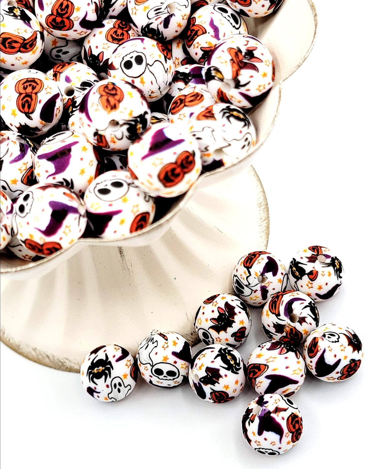 15mm Halloween Pumpkin Skull Silicone Bead, Spooky Round Pen Bead, Halloween Theme Bead, Ghost Wristlet Keychain Craft Bead