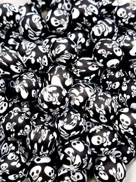 15mm Halloween Skull Crossbones Silicone Beads, Black White Spooky Round Pen Beads, Halloween Wristlet Keychain Craft Bead