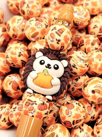 15mm Fall Round Silicone Beads, Thanksgiving Beads, Fox Pumpkin Coffee Orange Brown Autumn Beads, Beadable Pen Supplies