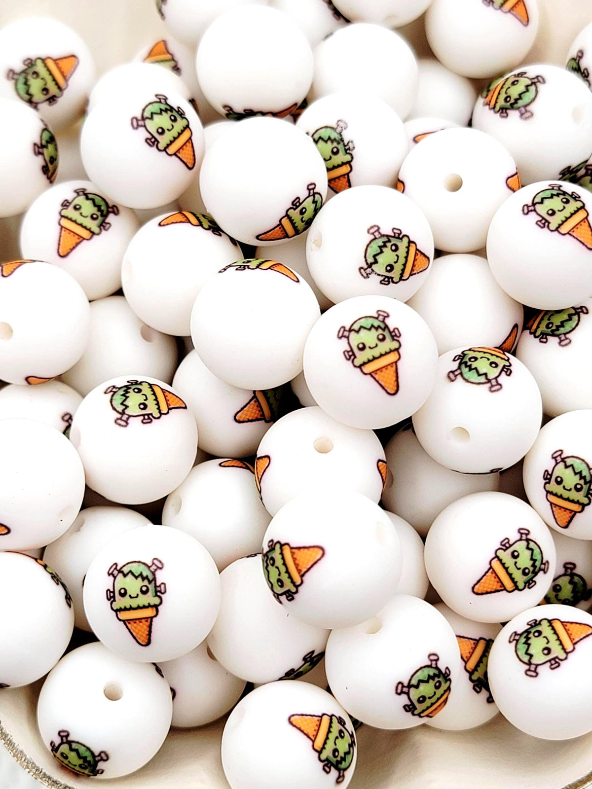 15mm Frankie Monster Ice Cream Cone Silicone Round Beads, Halloween Beads, Cute Monster Beads for Pens, Keychains & Crafts