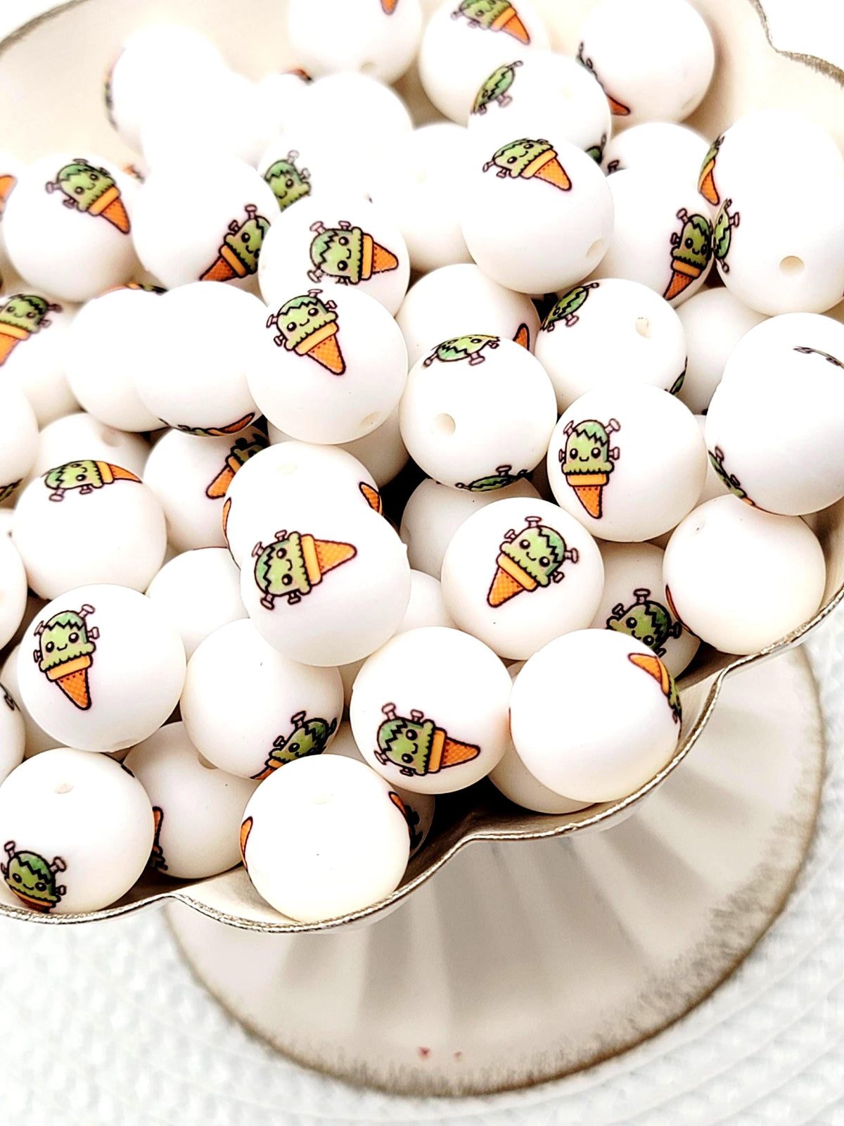 15mm Frankie Monster Ice Cream Cone Silicone Round Beads, Halloween Beads, Cute Monster Beads for Pens, Keychains & Crafts