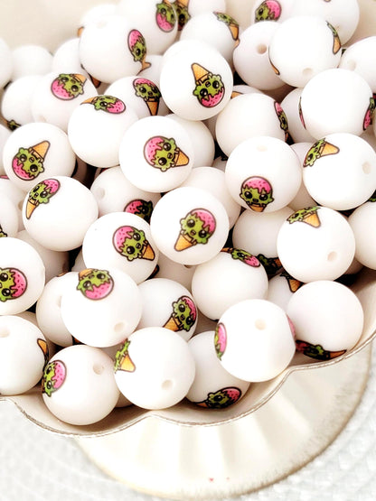 15mm Zombie Monster Ice Cream Cone Silicone Round Beads, Halloween Beads, Cute Monster Beads for Pens, Keychains and Crafts