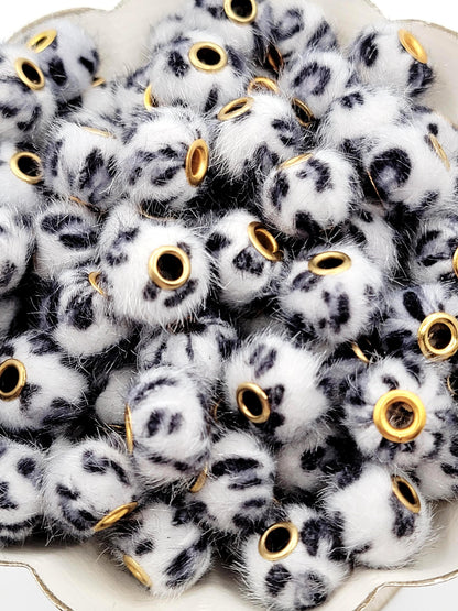 Gray Leopard Print Plush Beads, Fuzzy Large Hole Spacer Beads, Faux Fur Pom Pom Beads for Pens, Wristlets and Keychains - (Set of 5)