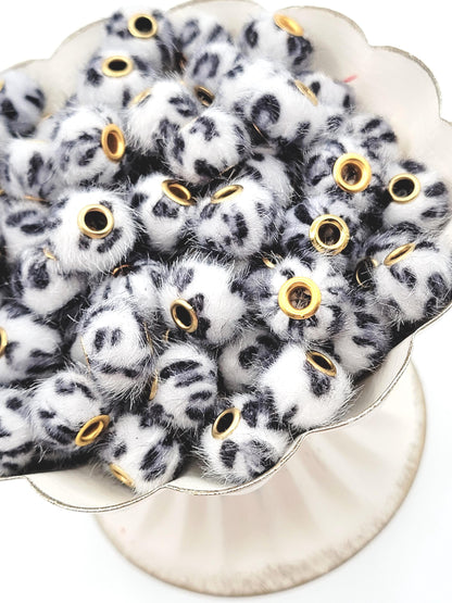Gray Leopard Print Plush Beads, Fuzzy Large Hole Spacer Beads, Faux Fur Pom Pom Beads for Pens, Wristlets and Keychains - (Set of 5)