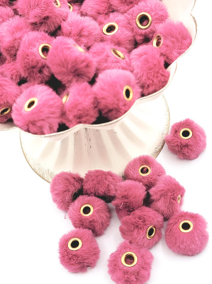 Wine Burgundy Fuzzy Spacer Beads, Faux Fur Pom Pom Beads, Large Hole Beads for Pens, Wristlets, Keychains and Jewelry - (Set of 10)