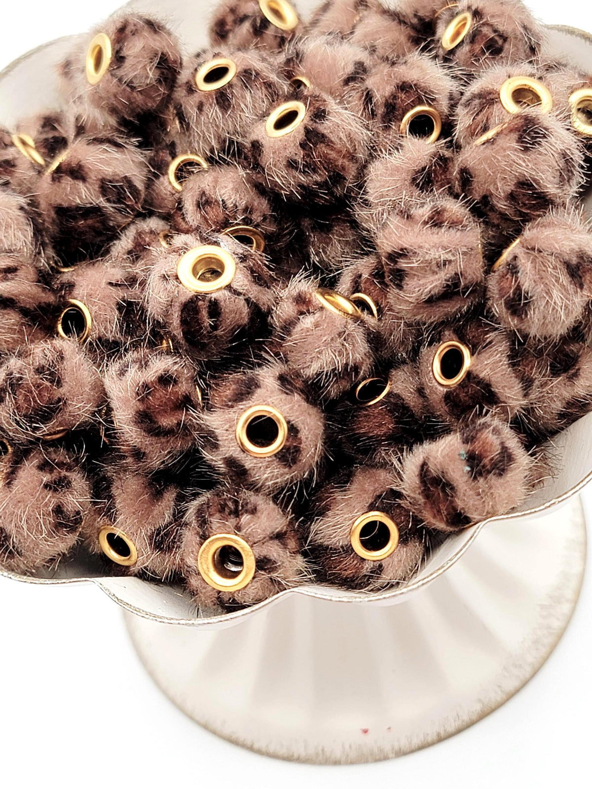 Dark Brown Leopard Print Plush Beads, Fuzzy Large Hole Spacer Beads, Faux Fur Pom Pom Beads for Pens, Wristlets and Keychains - (Set of 5)