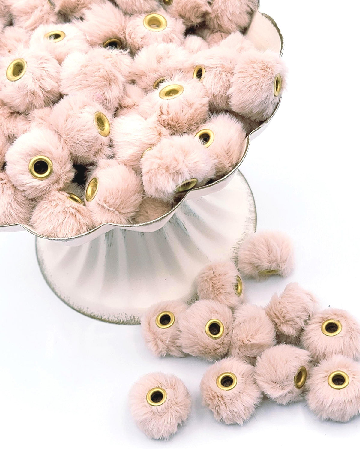 Champagne Beige Fuzzy Spacer Beads, Faux Fur Pom Pom Beads, Large Hole Beads for Pens, Wristlets, Keychains and Jewelry - (Set of 10)