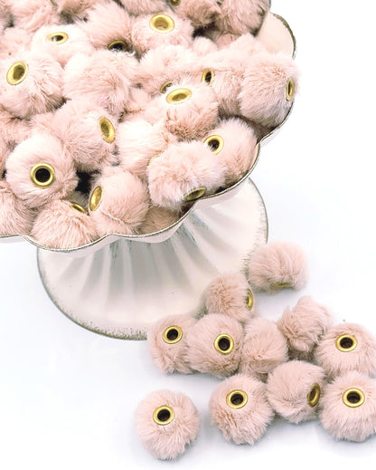 Champagne Beige Fuzzy Spacer Beads, Faux Fur Pom Pom Beads, Large Hole Beads for Pens, Wristlets, Keychains and Jewelry - (Set of 10)