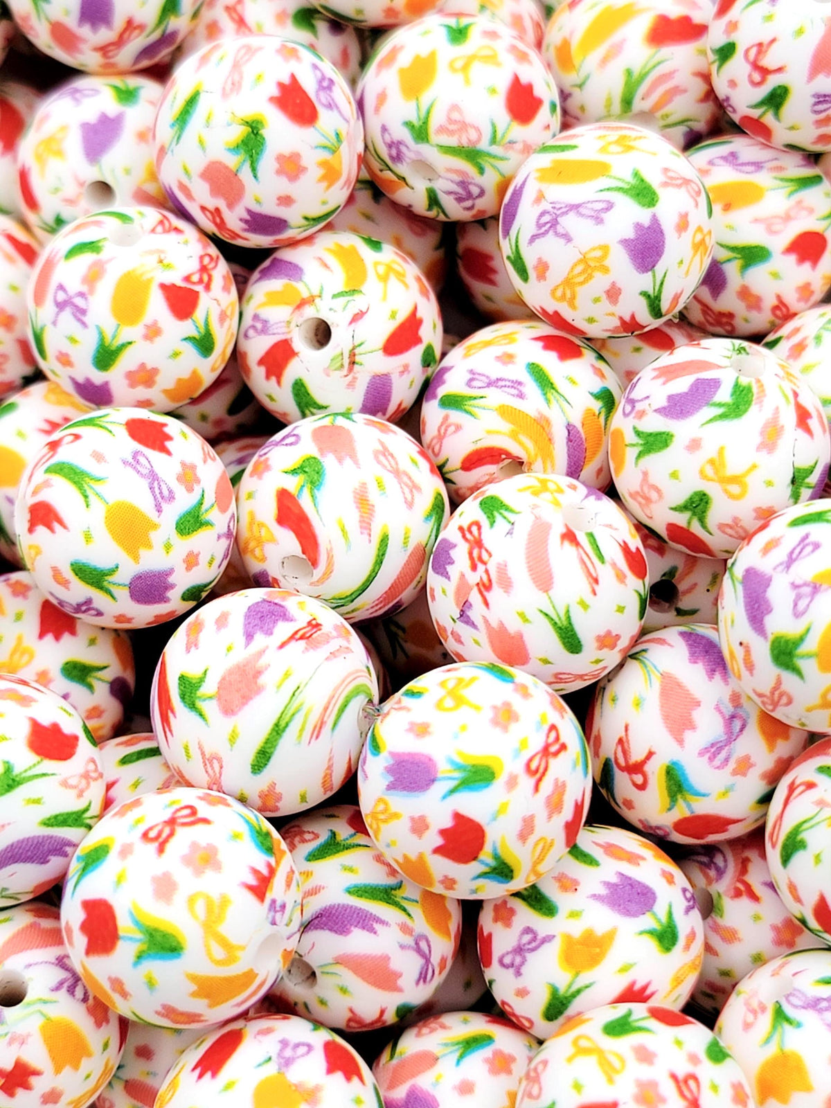 15mm Tulip Flower Print Silicone Round Beads, 15mm Round Floral Beads for Pens, Wristlets, Keychains, Jewelry and Crafts